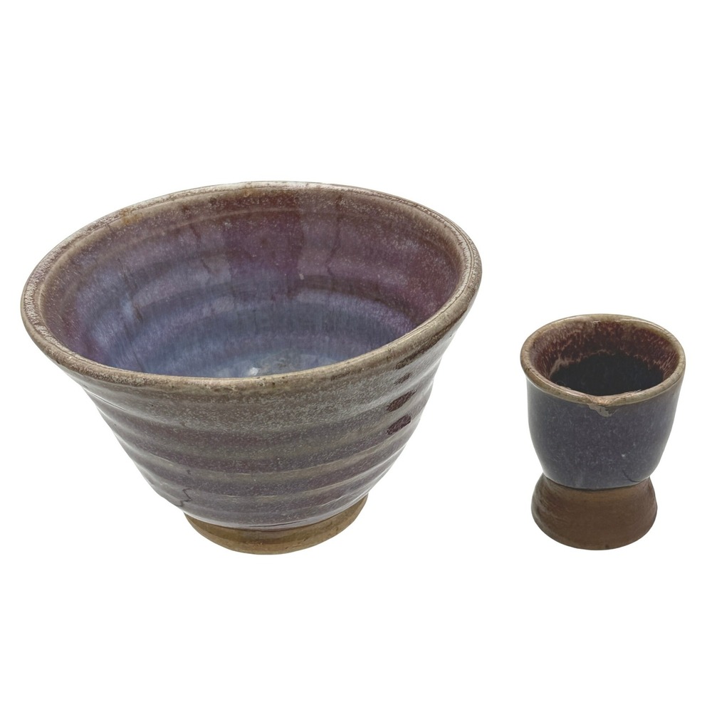Handmade Studio Pottery Bowl Cup Set Purple Blue Drip Glaze Ceramic Wabi Sabi